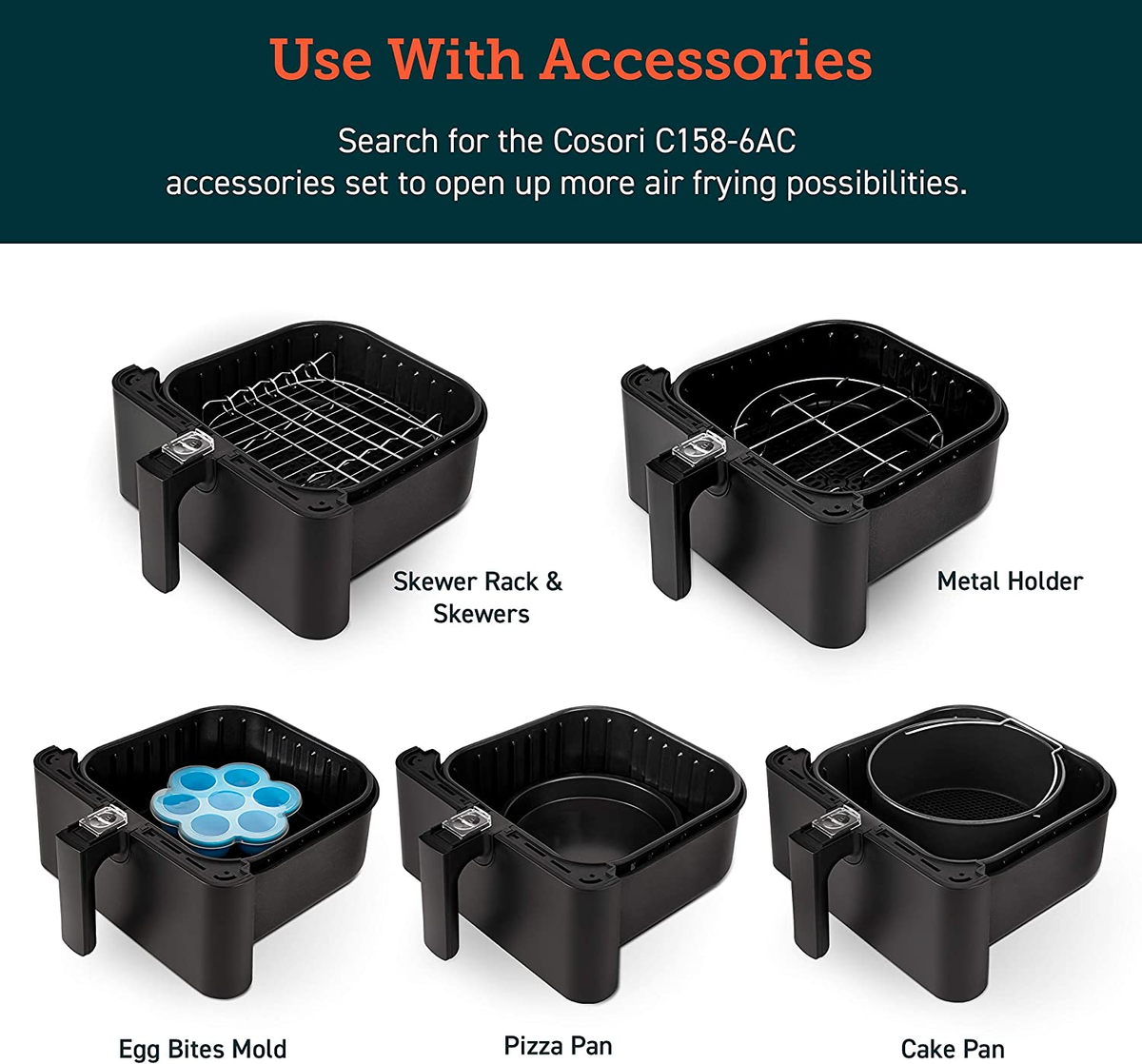 COSORI Airfryer accessoireset, geschikt voor alle merken 5,5 l, 6 stuks inclusief taartpan/pizzapan, metalen houder/multifunctioneel rek met spiesjes/siliconen mat/eierbetenvorm met deksel