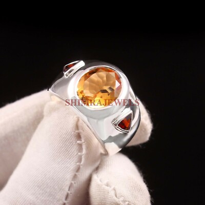 Natural Citrine & Garnet Gemstone with 925 Sterling Silver Ring for Men's #864
