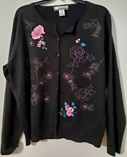 Nine & CO Beautiful Embroidered Floral Black Sweater Cardigan XL - Picture 2 of 7