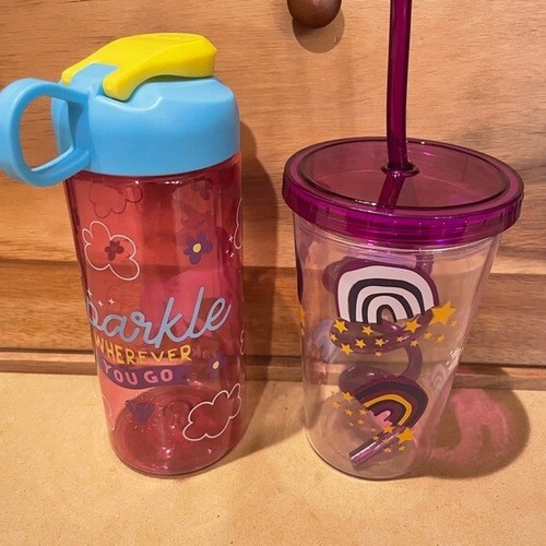 Zak Designs Kids Water Bottles & Cup Tumbler w/ Straw Lunchbox Pink Purple