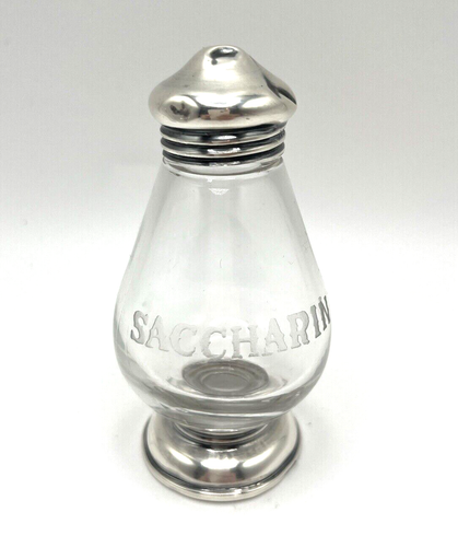 Tarro de sacarina de vidrio grabado vintage tapa y base de plata de ley
