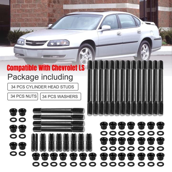 Auto Dynasty Cylinder Head Stud Kit - 12-Point Hex Nuts For Small Block Chevy 265-400 Engines