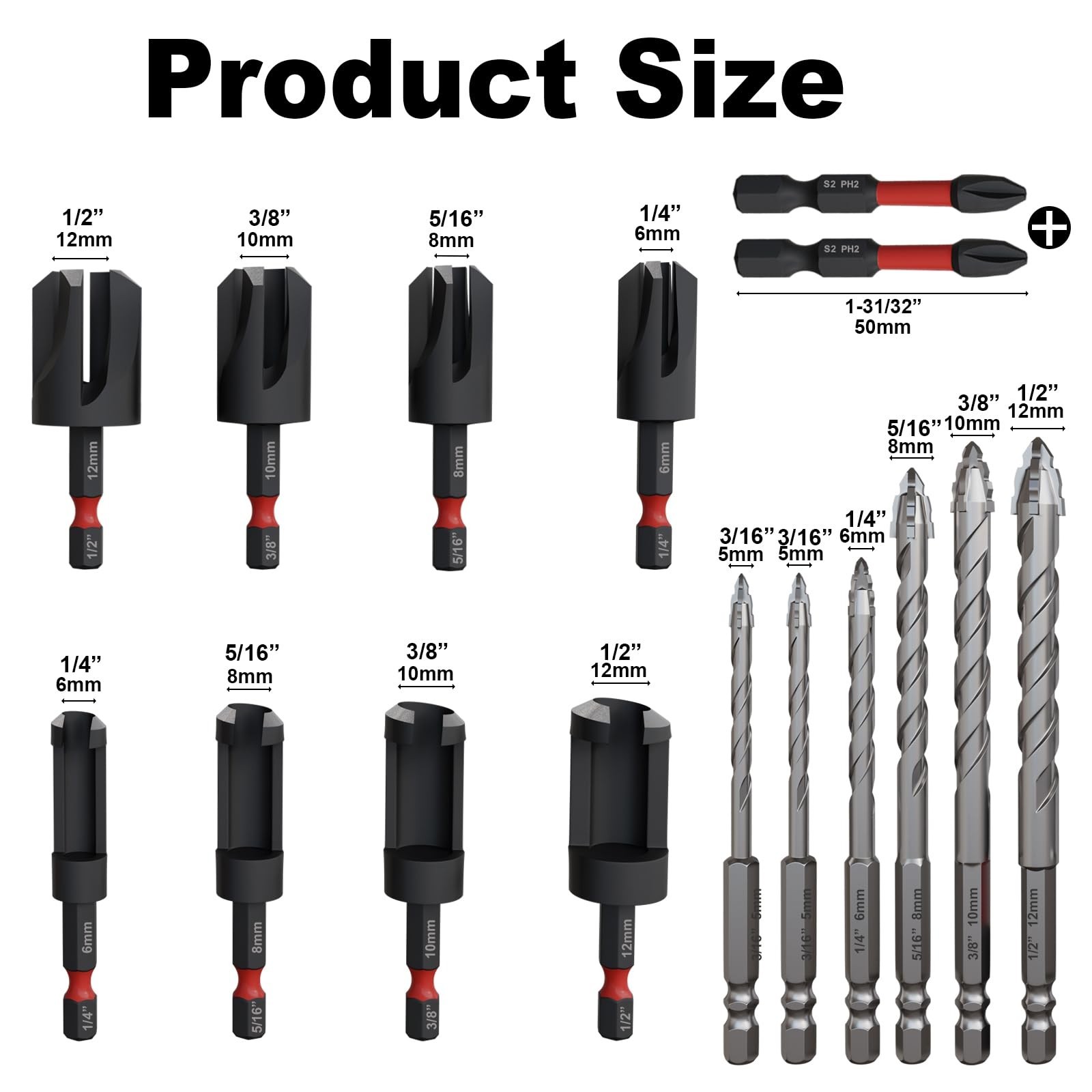 Wood Plug Cutter Drill Bit Set 16-Piece, Straight and Tapered Cutting Toolsʌ