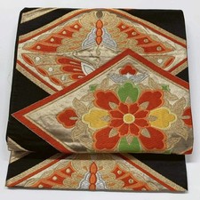 6618 Japanese Vintage Fukuro Obi Belt Kimono Fabric Silk Traditional Black