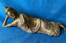 Hand Carved Wooden 12  Buddha Reclining Figure Jeweled Inlay Gold Guilt Color