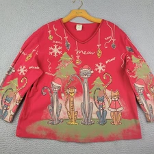 JESS & JANE top womens 2X red Meow Christmas Cats rhinestones 100% cotton USA