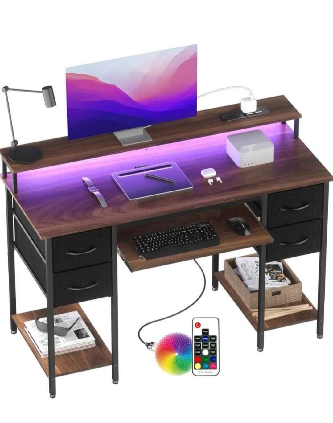 BEXEVUE Modern Desk with Power Outlets LED - 120x50cm Computer Table Gaming Desk, Keyboard Tray, 4 Reversible Drawers, Large Storage Bookshelf Workstation for Study Play Work Bedroom Home Office 13 BEXEVUE120x50 Office Desk with LED & Power Outlets