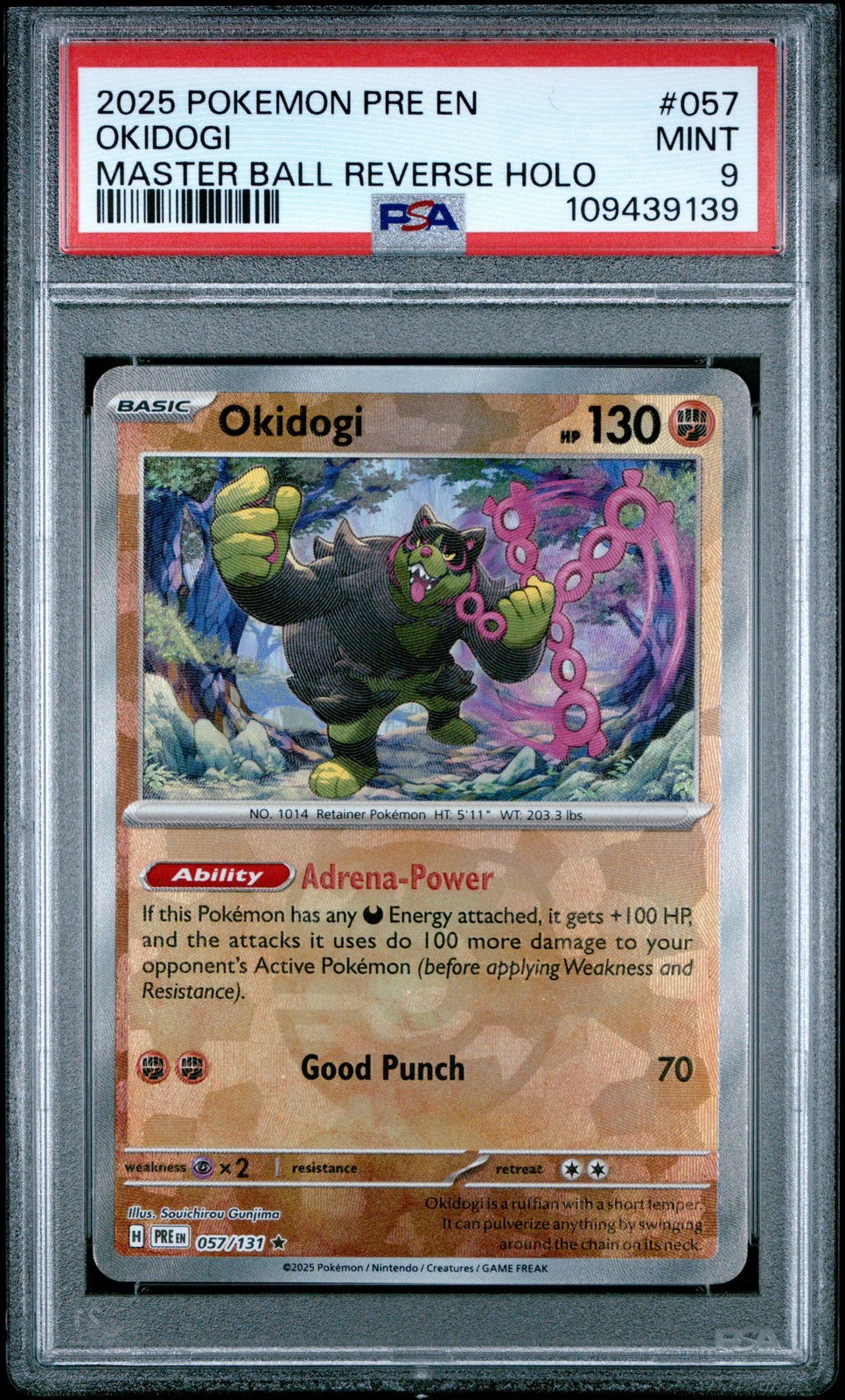 2025 POKEMON PRE EN-PRISMATIC EVOLUTIONS MASTER BALL REVERSE HOLO OKIDOGI PSA 9