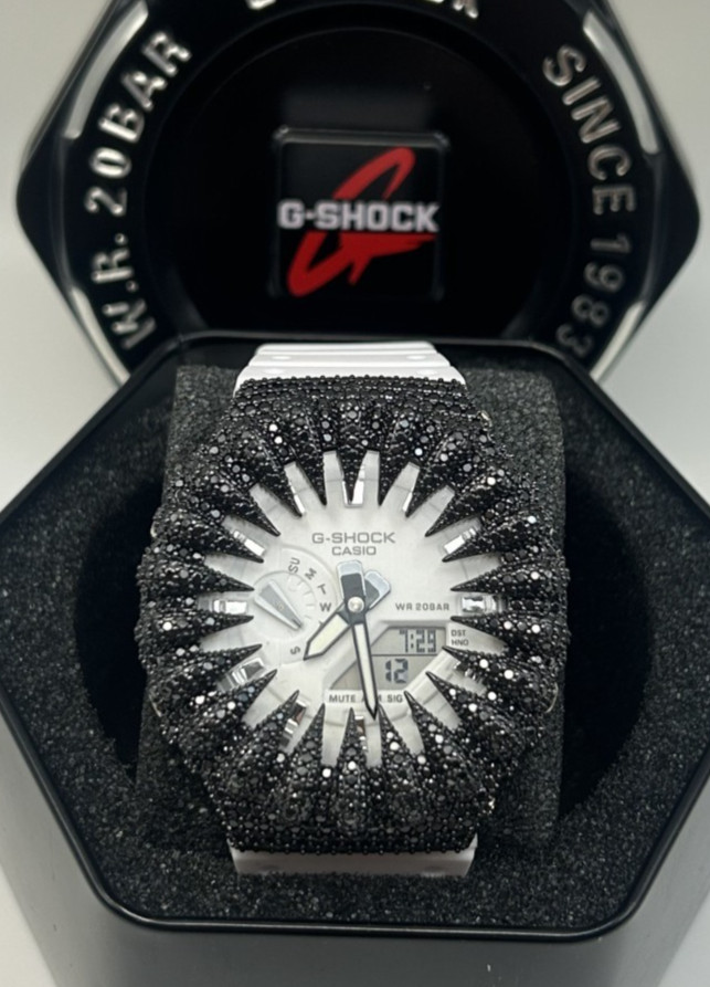 New Casio G-Shock GA-2100 Iced Out Black Moissanite Claw Bezel White Strap Panda