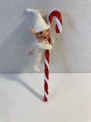 Vintage 2002  Annalee Christmas Mobilitee Ornament - White Elf On Candy Cane C2B