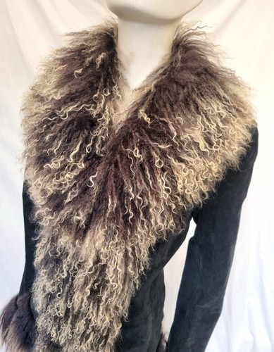 Real Suede&real Mongolian Wool Collar&rtim Lady's Afghan Hippie Jacket Sz 14 VGC - Picture 4 of 16