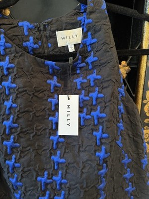 Milly Black Blue Geometric Sleeveless Sheath Dress Zip Round Neck Size 2