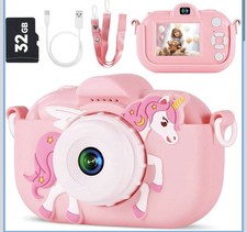 Kids Digital Camera 48MP Dual Lens Unicorn Pink 1080P HD Video w/ 32GB Card