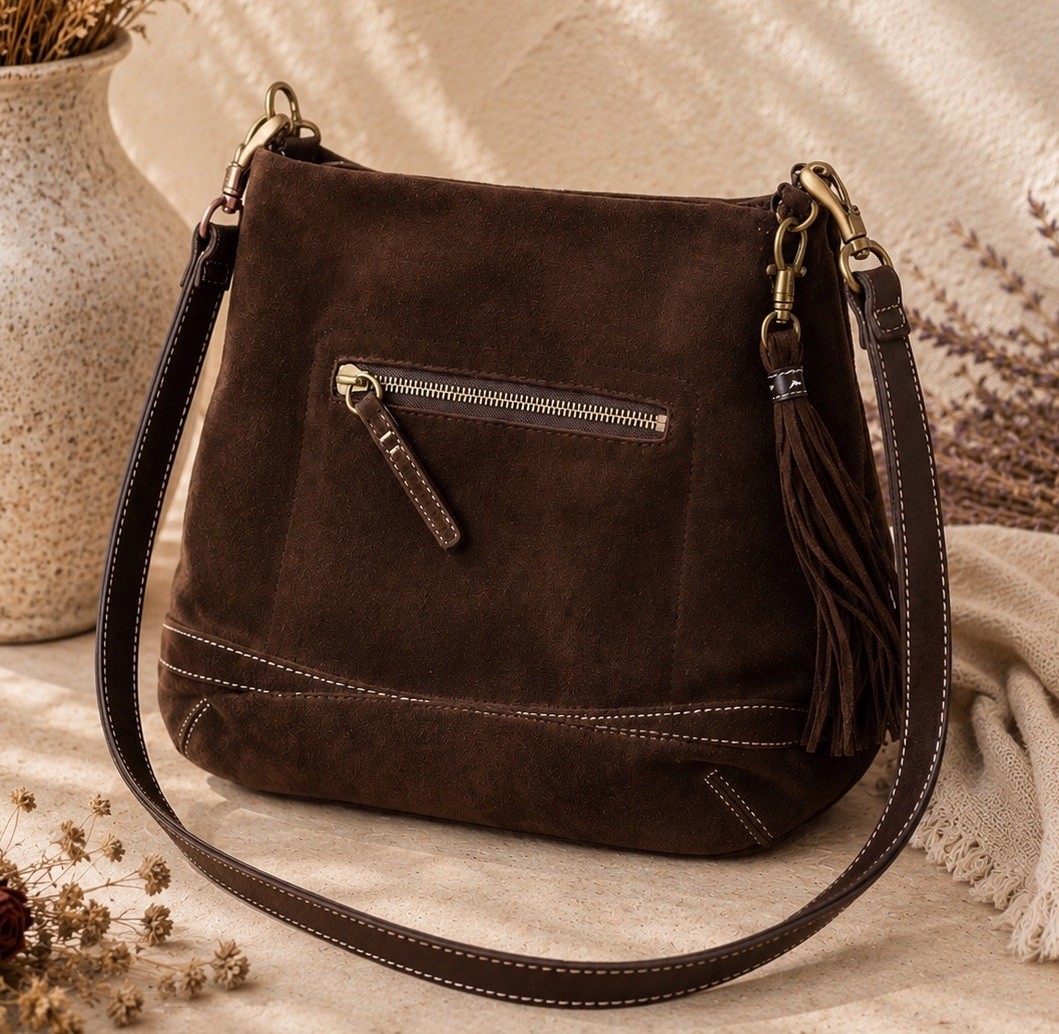 Coach 1419 Shoulder Bag Brown Suede Leather Tassel Hobo Handbag Western