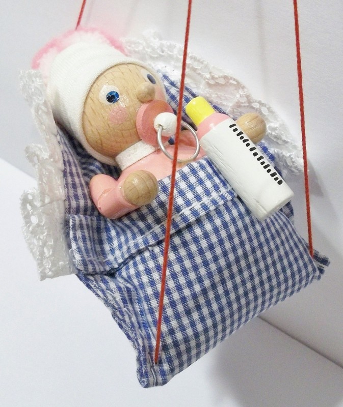Steinbach Germany Baby Girl in Blanket with Bottle Pacifier Wooden Wood Ornament