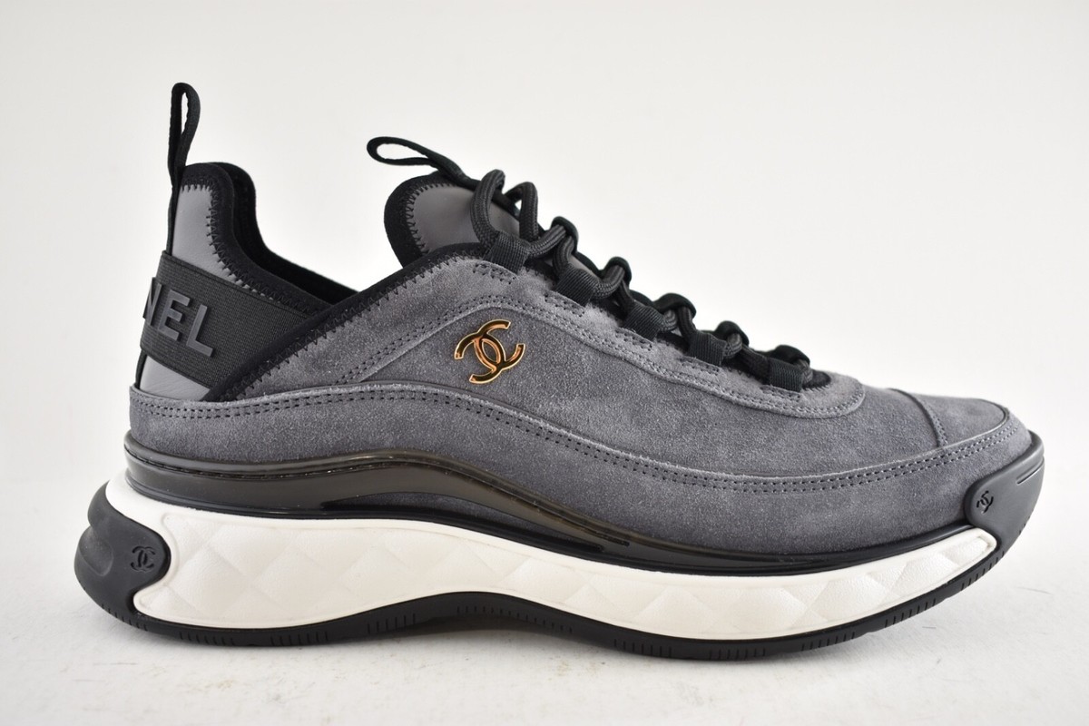 Chanel 23K Grey Suede Black White CC Logo Lace Up Low Top