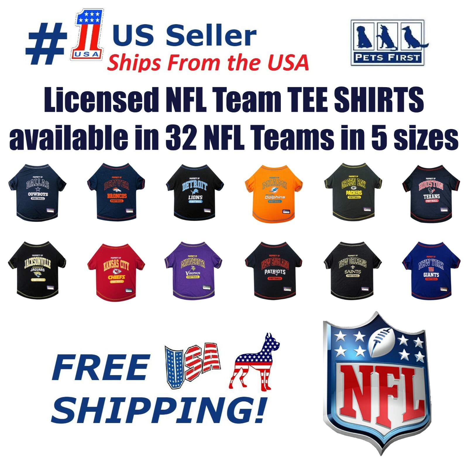 NFL Pet T-Shirt. Licensed, Wrinkle-free, Tee Shirt for Dogs Cats. Football Shirt