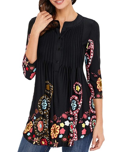 Women's 3/4 Sleeve Floral Tunic Tops Loose Blouse Button up Shirts - Picture 4 of 26
