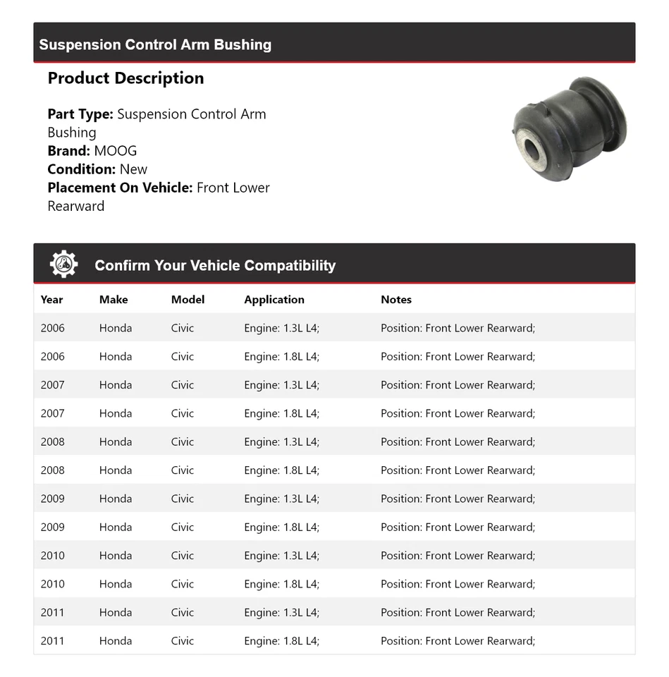 Buje de brazo de control de suspensión MOOG 2006 2007 2008 para Honda Civic 2006-2011 Foto 2 de 3