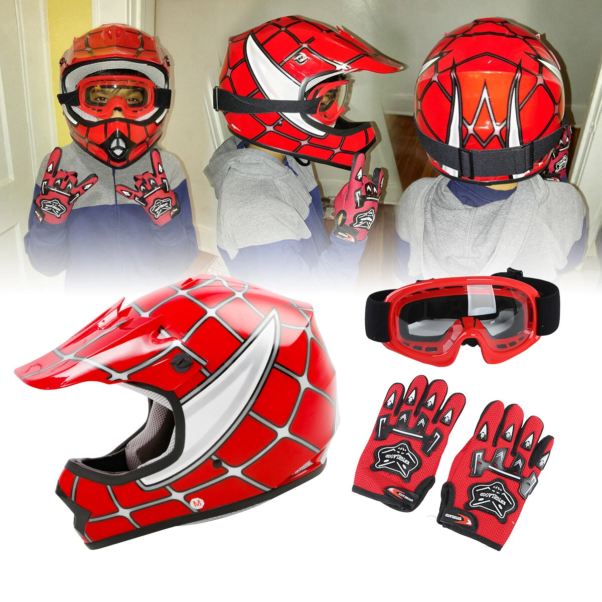 Youth Red Spider Net Dirt Bike Motocross ATV MX Helmet w Goggles Gloves S M L XL