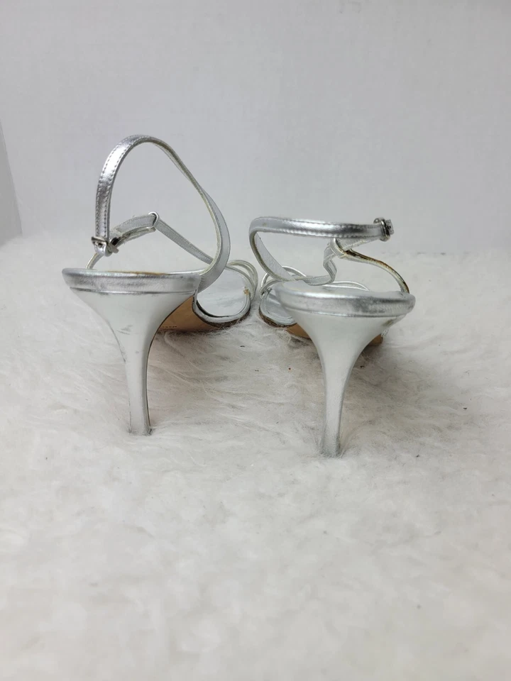 Manolo Blahnik Womens Heel Sandals Size 8.5 Silver Leather Slingback Open Toe - Image 4 of 4