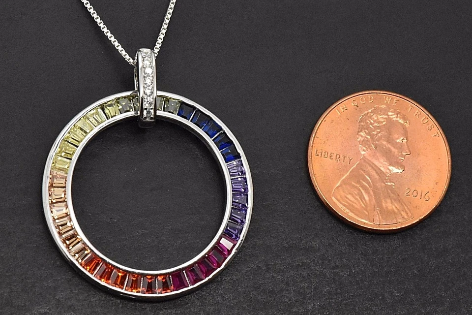 Silver Rainbow Baguette MultiColor Lab Created Sapphire Pendant Circle Necklace - Image 3 of 4
