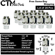 20Pc CHROME 1/2-20 EXTENDED THREAD ET STYLE LUG NUTS FIT JAGUAR AND MORE
