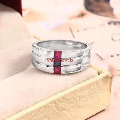 Heizbar Blau Saphir Und Heizbar Rubin Mit 925 Sterlingsilber Herren Ring #962 - Bild 1 von 4
