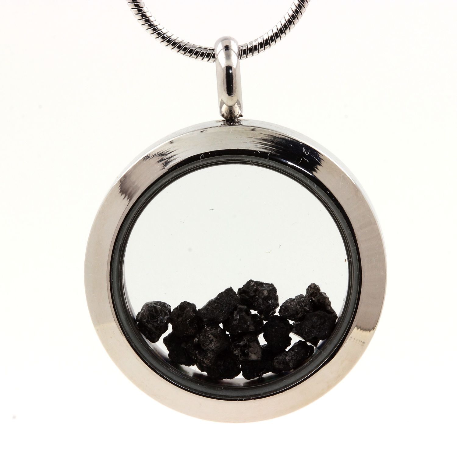 Collier diamant noir brut médaillon 20mm couleur argent pour femme