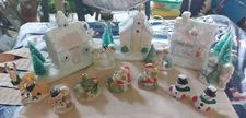 Christmas Village Buildings w/Lights and Accessories - 13 Pieces