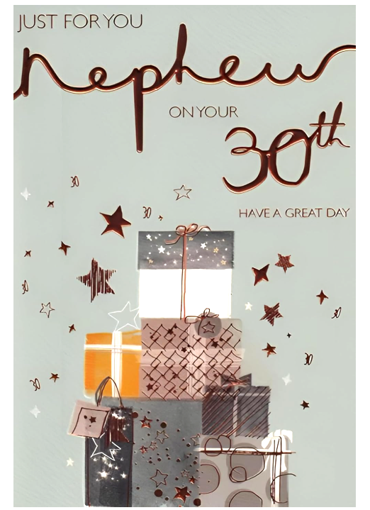 Birthday Card NEPHEW 30th 30. *Nine Inch Card. Gold foiling. Paper pages inside*