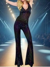 Vintage 70s Style Holographic Disco Jumpsuit Halter Bell Bottom Flare Leg S/M