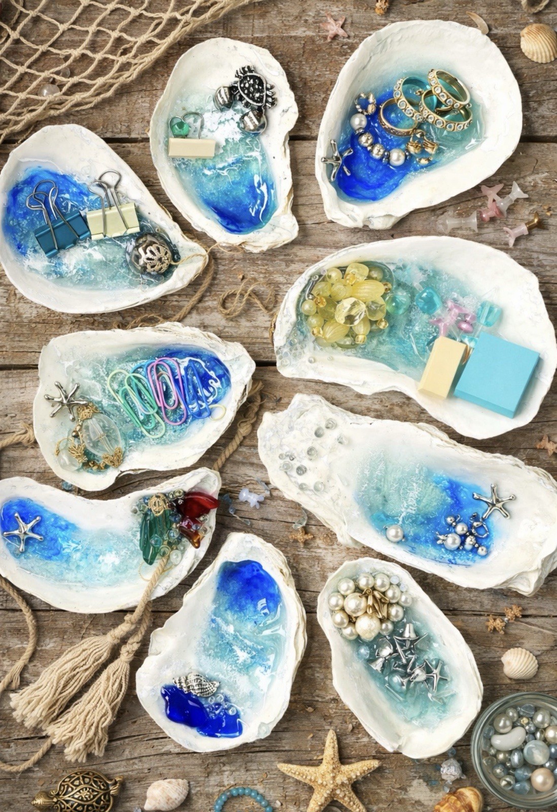 Set of 9 Oyster shell decoupaged Trinket Jewelry Dish Nautical coastal handmade