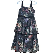Marchesa Notte Mini Girls Dress Floral Lace Tiered Black 6 Wedding Garden Party