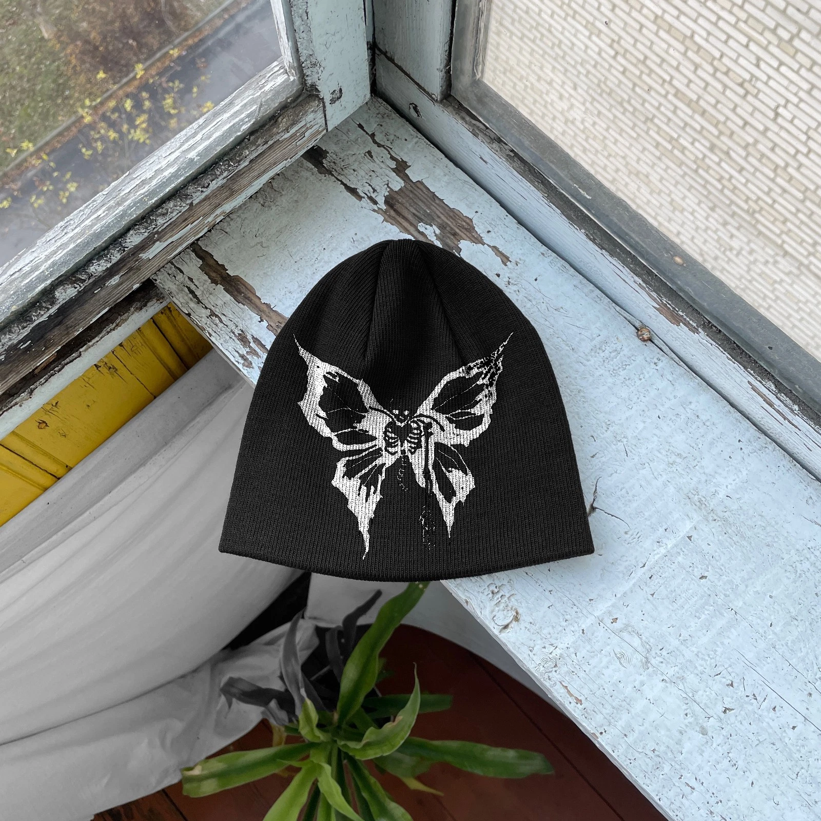 Distressed Butterfly Beanie – Y2K Alt Streetwear Black Hat