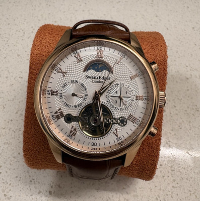 Swan & Edgar Automatic Moon Phase Day/24H Gold Tone Brown Leather Watch