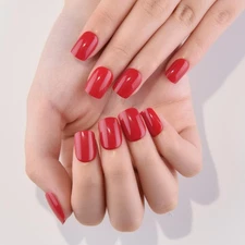 evpct Acrylic Red Glossy Press on Nails Short Square, Glossy Red Fake Nails S...