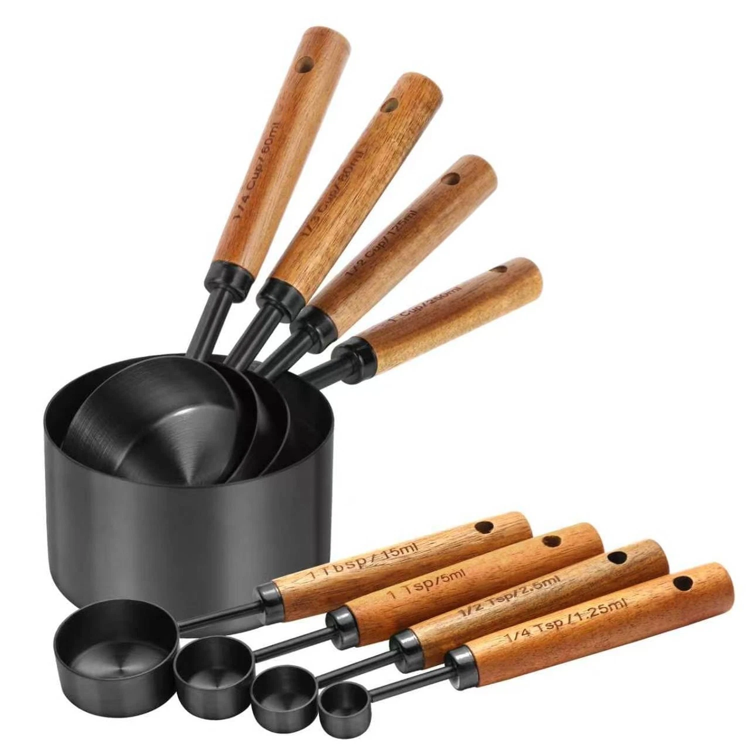 Black Measuring Cups and Spoons Set,8 Piece Stainless Steel Measuring Cup wit...