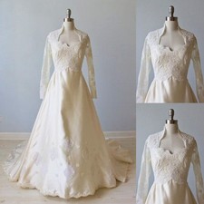 Vintage Wedding Dresses Satin Long Sleeves Sweep Train Lace Applique Bridal Gown