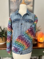 Upcycled Denim Jacket with Handmade Rainbow Crochet Sleeves Youth 14/16