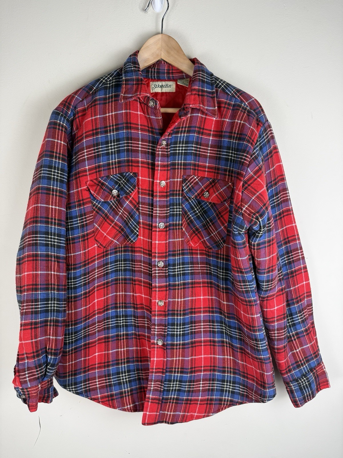 Vintage St Johns Bay Shirt Jacket Men Large Red Blue Plaid Flannel Quilted Lined