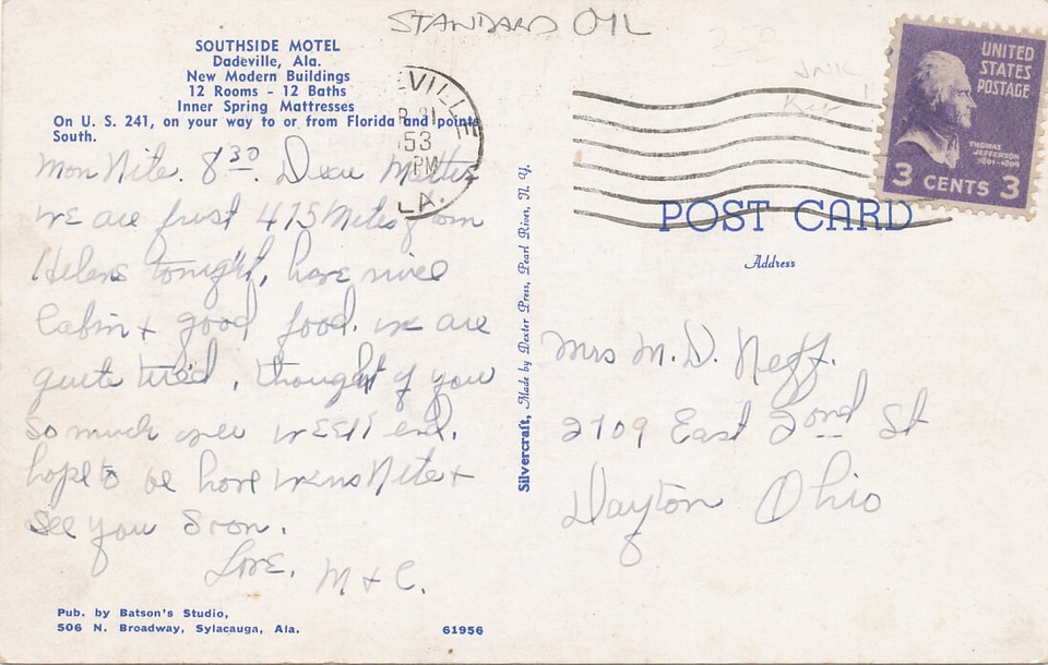 Dadeville AL * Southside Motel 1953 * Standard Oil Gas Station