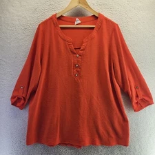 Naif Shirt Womens 2X Orange Henley 3/4 Sleeve Pullover Roll Tab Polyester