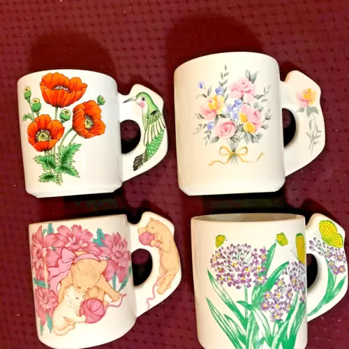 VINTAGE STONEWARE MUGS CUPS - SET of 4 FLORAL DESIGN - UNIQUE HANDLE 10 oz.