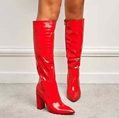 Stiefel Frau Up Knie Absatz Eckig 10.5 CM Rot Leder Kunststoff 29196