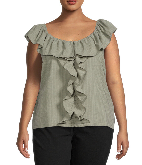 Terra & Sky Women’s Plus Size Wild Sage  Ruffled Scoop Neck Sleeveless Top 2X