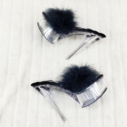 Maren Marabou Feather Slip On Platform Sandals 6" Stiletto Heel Shoes Black - Picture 2 of 10