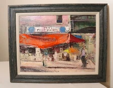 Vintage George Schwacha Oil Board fruit market cityscape expressionism Painting