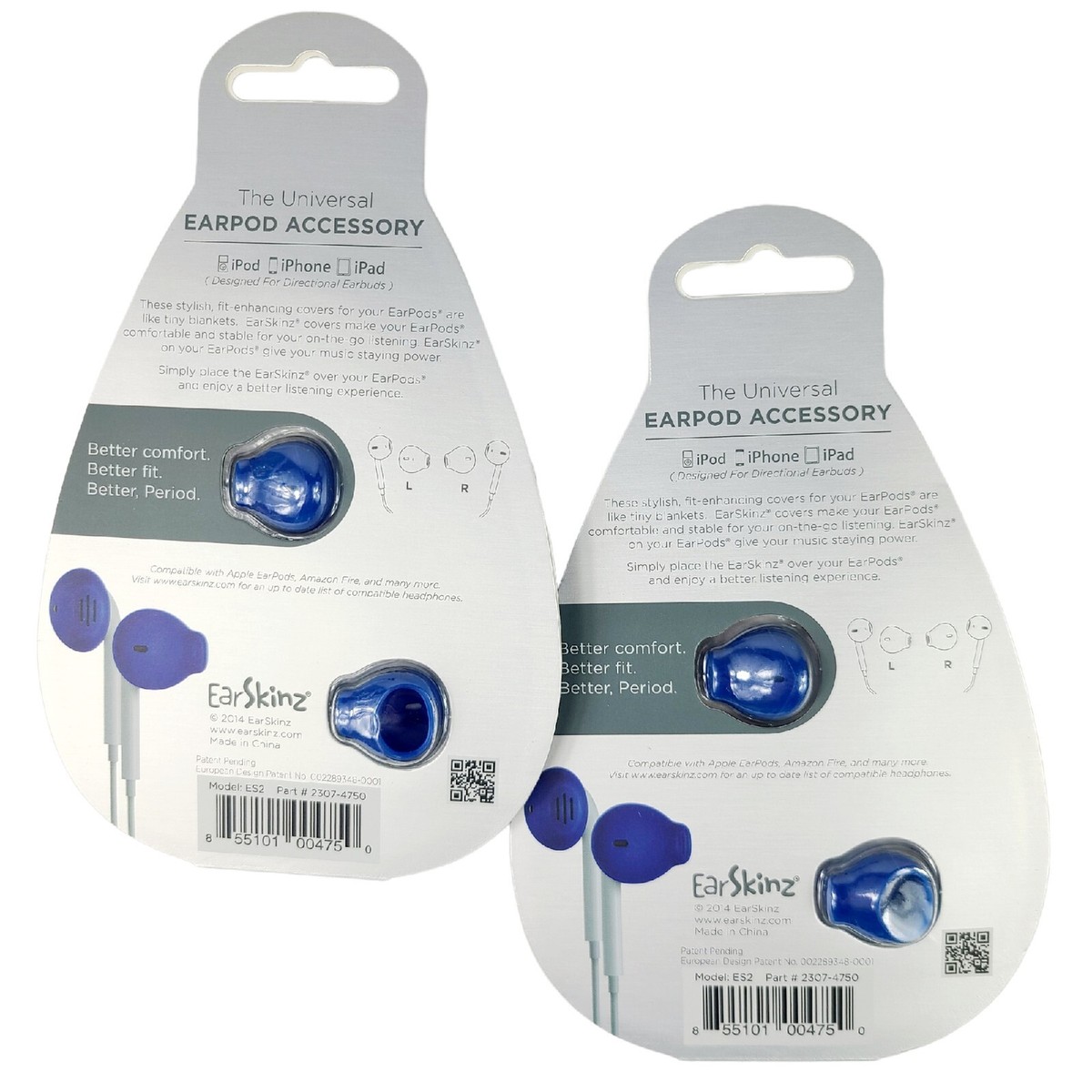 2 Pair EarSkinz Ear Covers ES2 Designed for Wired Apple EarPods iPod Blue
