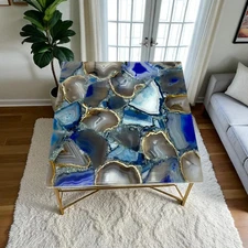 15" Square Blue Agate Stone Coffee Table Top Luxury Handmade Hallway Decor Arts